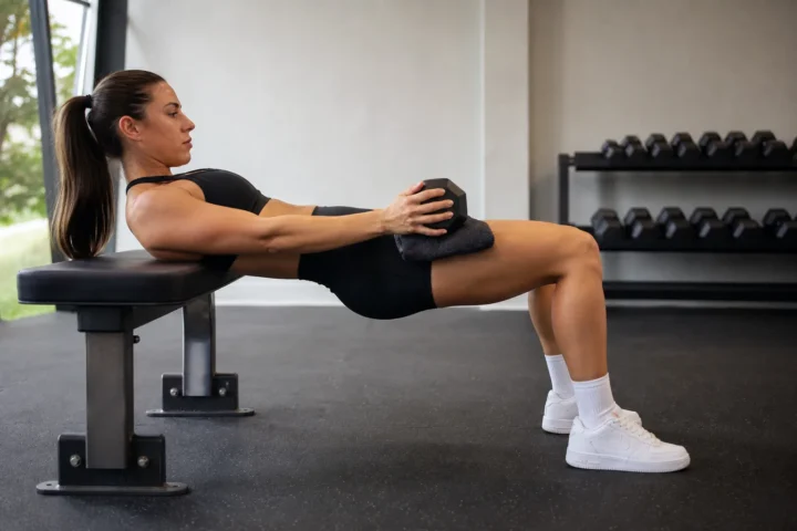 Hip thrust bez sztangi z hantlem na biodrach, łopatki oparte o ławkę