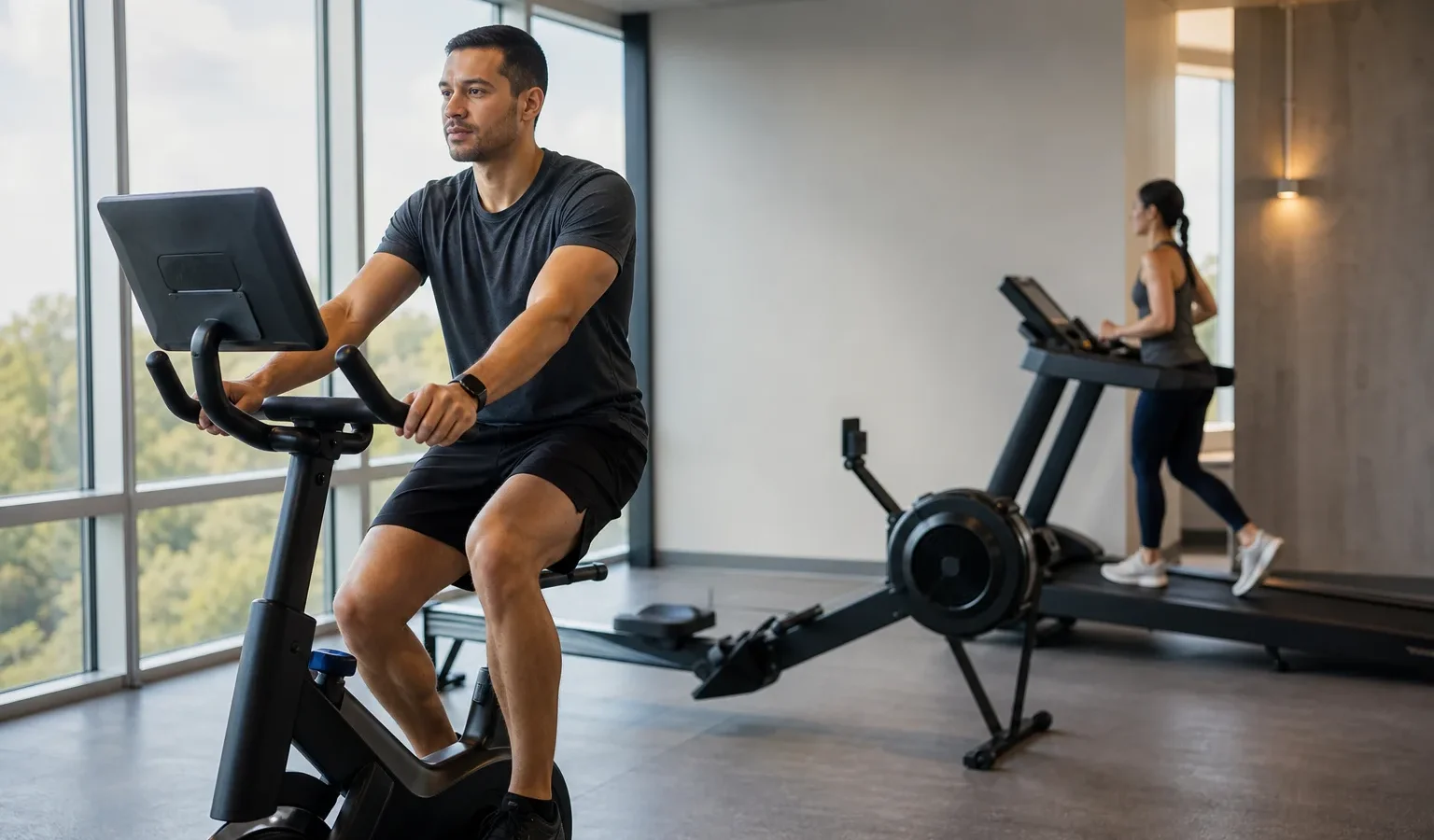 Jakie cardio wybrać: rower stacjonarny i wioślarz w strefie cardio siłowni