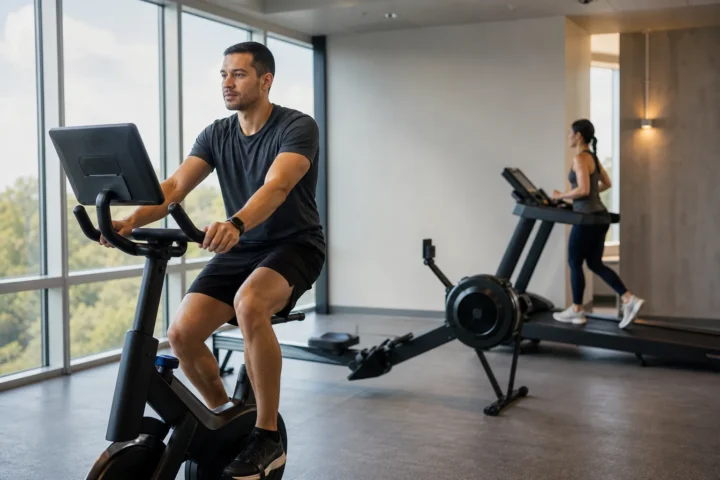 Jakie cardio wybrać: rower stacjonarny i wioślarz w strefie cardio siłowni