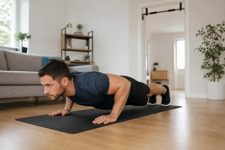 Trening kalisteniczny w domu: mężczyzna robi pompki na macie w salonie