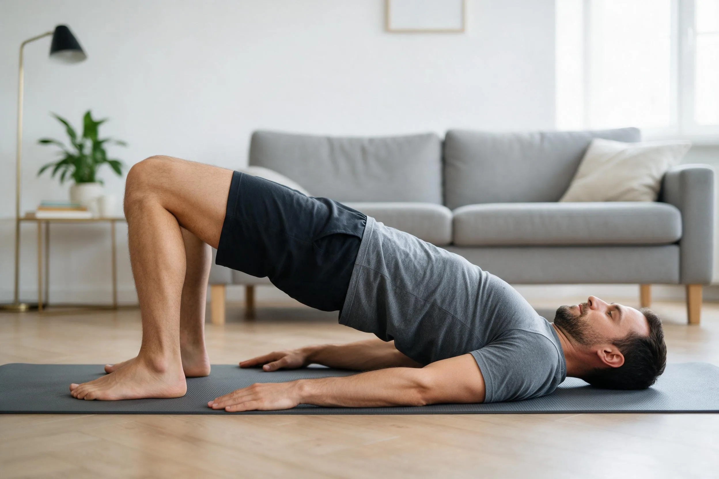 Glute bridge na macie w domu, mostek biodrowy z pełnym wyprostem biodra