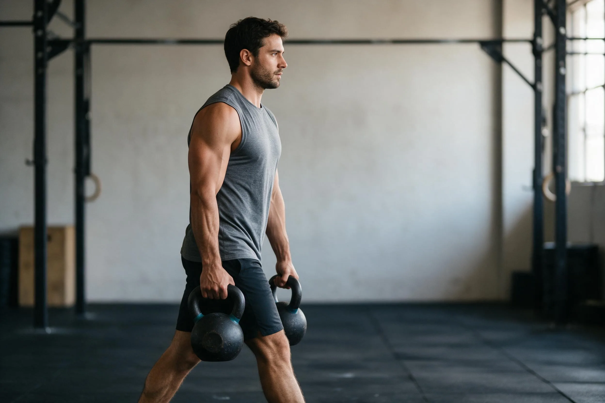Spacer farmera z kettlebellami jako trening siły chwytu bez pasków